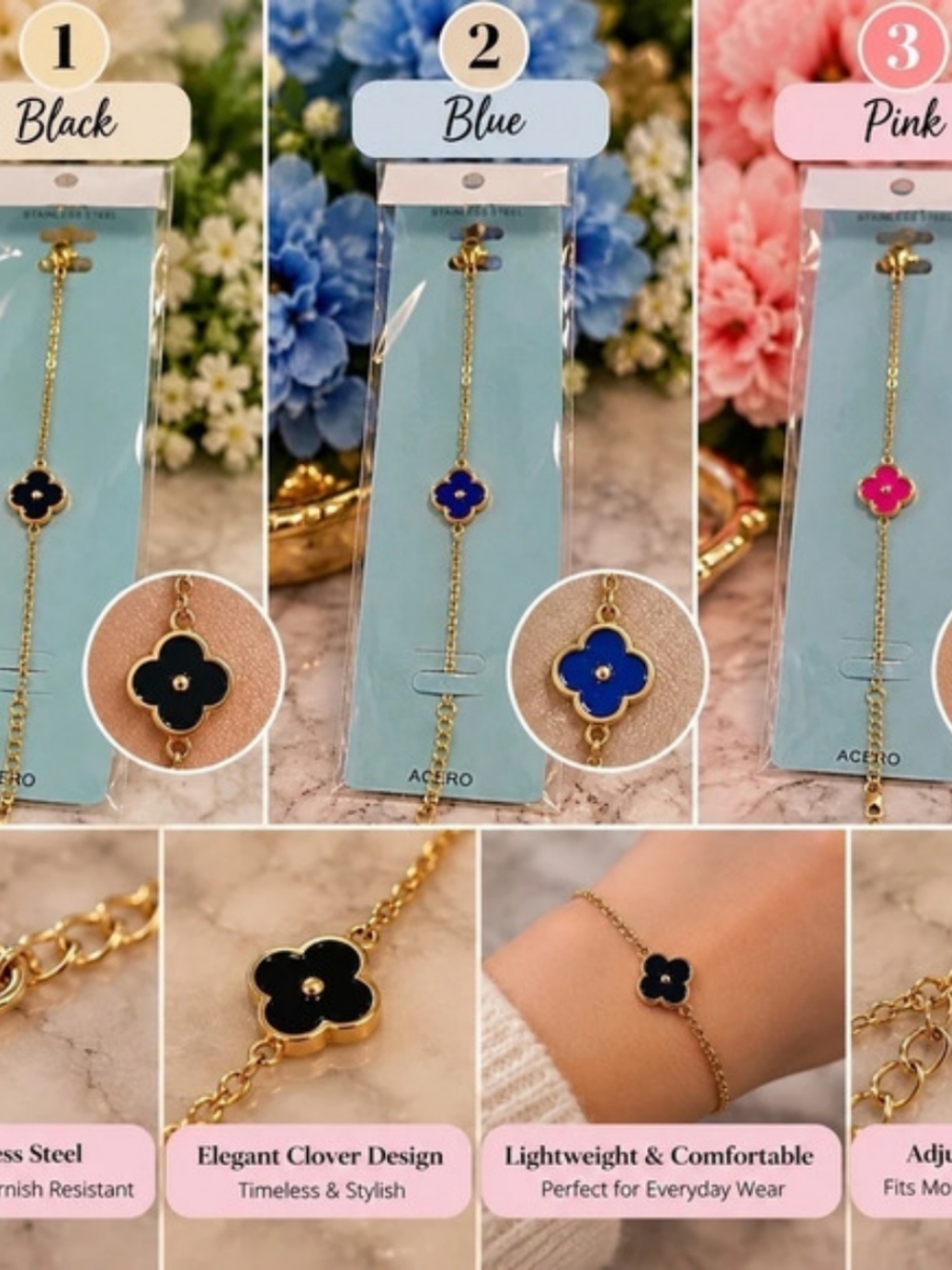 Acero Clover Bracelet Set in Black, Blue & Pink NWT